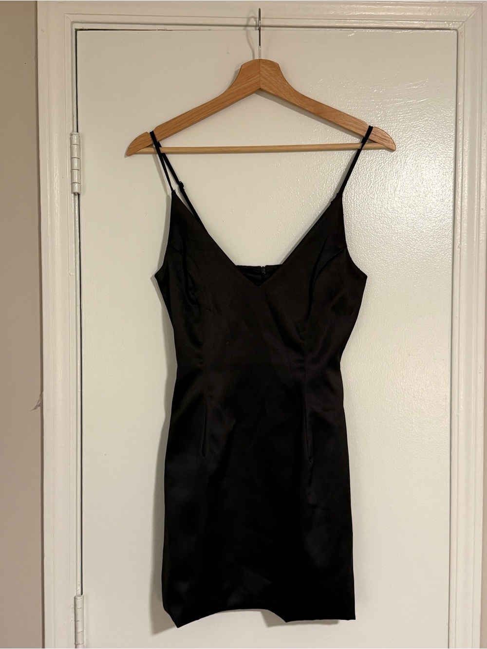 Black Satin Mini Slip Dress with V-Neck and Adjustable Straps